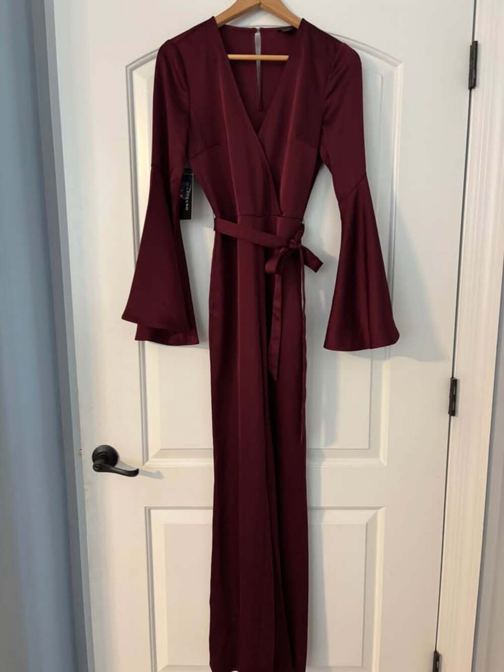 Marciano by GUESS XS Burgundy Satin Bell-Sleeve Wide-Leg Jumpsuit (NWT)